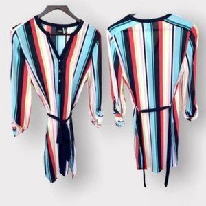 RAFAELLA Flowy long sleeve multicolor striped belted tunic top Size S NWOT